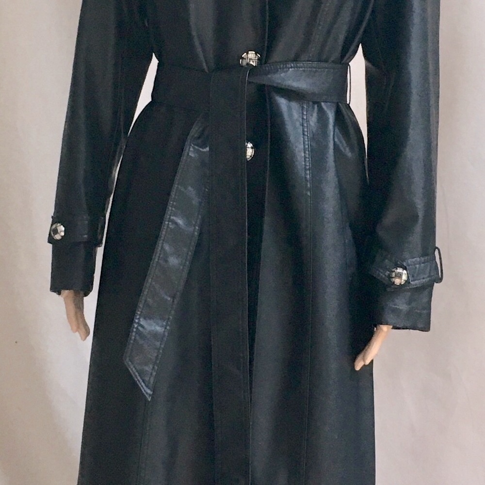 DENNIS BASSO Trench coat Black faux leather Full length Vintage SMALL a Classic - Picture 10 of 17